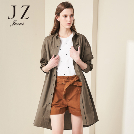 JUZUI/玖姿奥莱2018秋装新款纯色通勤单排扣衬衫款风衣外套女商品大图