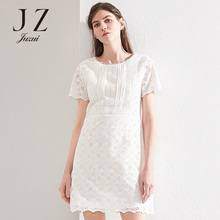 JUZUI/玖姿奥莱白色蕾丝镂空连衣裙女夏波浪下摆中长裙图片
