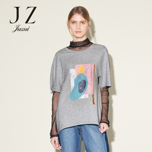 JUZUI/玖姿2018新款秋季纯色上衣女宽松短袖纯色印花t恤女图片