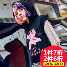 玛玛绨2018夏装新款粉红豹撞色连帽五分袖T恤女短款韩版宽松短袖图片