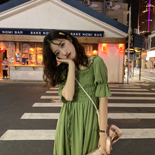 hollyii 2019夏新款中长款很仙的法式复古桔梗一字肩连衣裙女甜美