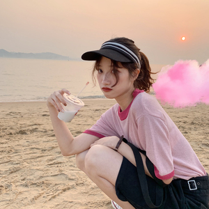 hollyii短袖女2019新款夏装宽松金丝百搭圆领套头打底衫T恤上衣