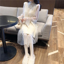 蕾丝网纱连衣裙套头高开叉中长针织马甲两 甜美喇叭袖 新款 GAGAI