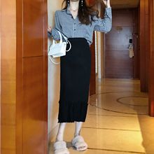 复古气质格子翻领衬衣女压褶中长款 纯色半身裙 2018秋装 新款 GAGAI