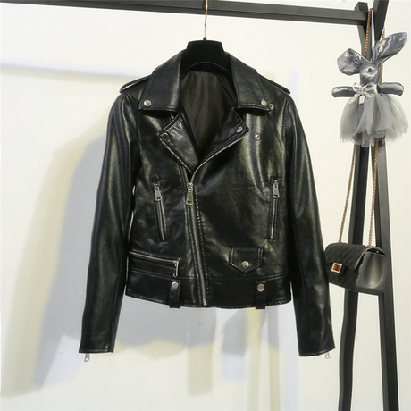 胖MM大码2018春装新款海宁皮衣女装短款修身机车皮夹克外套潮商品大图