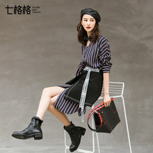 时尚 Othermix七格格韩版 连衣裙女2018秋季新款 条纹衬衫 气质雪纺裙