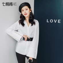 白衬衫女2018新款女装春装韩版衬衣学生喇叭袖港味长袖宽松潮V领图片