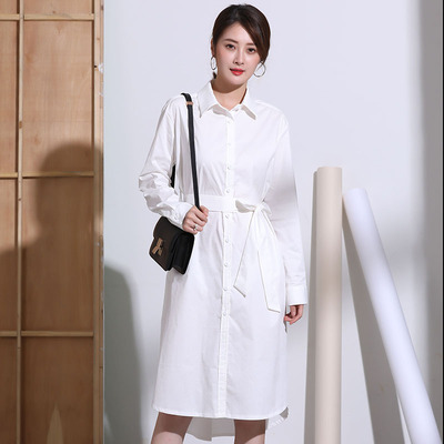 早秋装女2018新款白色长款衬衫裙女前短后长宽松长袖韩版超长