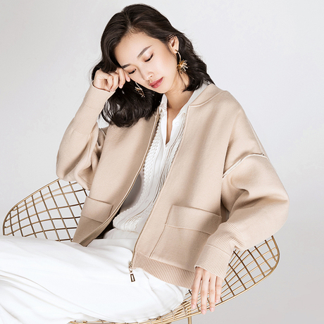 2018秋冬外套女新款圆领长袖时尚针织棒球服女装宽松纯色短款上衣商品大图