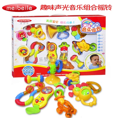 美贝乐ms1026牙胶摇铃套装音乐手机手指铃0-3-6-12月婴儿益智玩具