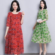 真丝连衣裙女2019夏桑蚕丝中长款宽松中年妈妈装过膝裙子图片