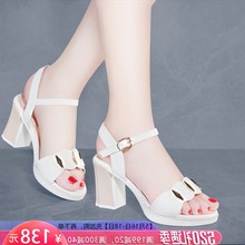 女2019夏新款 鑫达芙妮丝粗跟凉鞋 中跟百搭一字带白色高跟配仙女裙