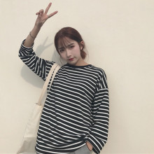 韩国原宿风bf春季女装上衣韩版宽松学院风条纹长袖T恤学生打底衫图片