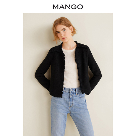 MANGO女装2018秋冬款磨损饰边花呢圆领夹克 时尚短款外套33023822商品大图