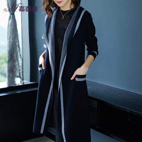 嘉茵曼针织开衫女条纹2018秋冬新款宽松休闲连帽外套中长款大毛衣商品大图