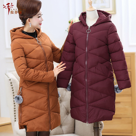 中老年女装冬装羽绒棉服时尚妈妈装加厚棉衣女士中长款连帽外套袄商品大图