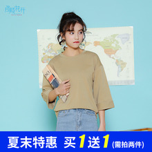 阁楼花开秋季韩版七分袖女T恤宽松打底卷边纯色上衣学生半袖体恤图片