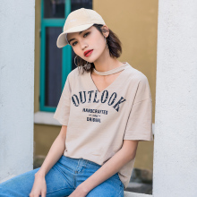 阁楼花开休闲短袖t恤女宽松韩版百搭v领挂脖印花字母简约大码上衣图片
