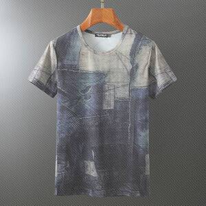 潮牌社会复古牛仔印花短袖男T恤修身圆领半袖体恤上衣日系男装夏