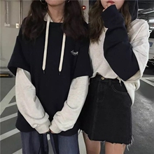 秋季韩版女装复古chic拼接假两件上衣外套字母印花长袖连帽卫衣图片