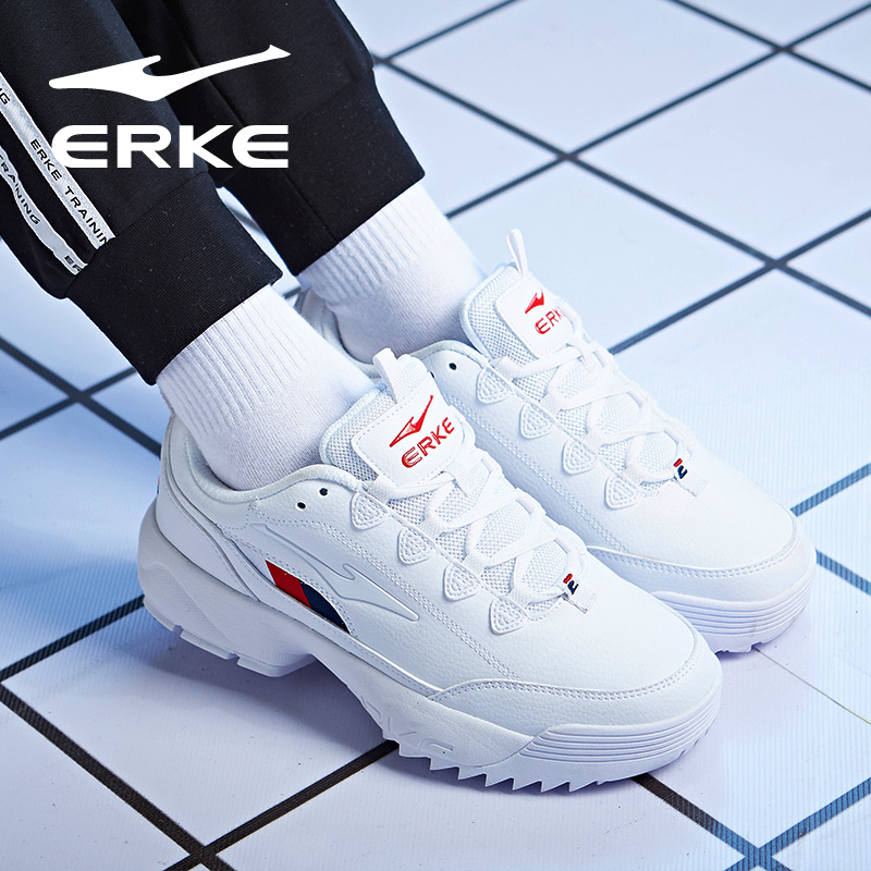 ERKE Sports Shoes Women's Shoes Autumn Leather Waterproof All Pure White Casual Shoes Elevated Running Shoes Daddy Shoes