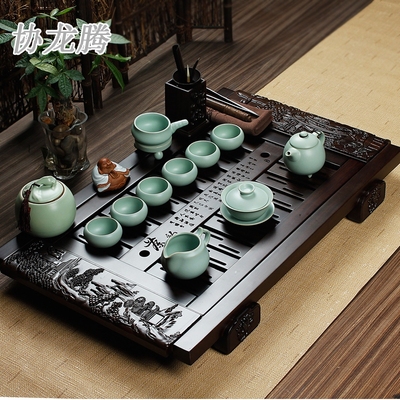 协龙腾 整块黑檀木精雕山水红木实木茶盘茶海汝窑陶瓷茶具套装家