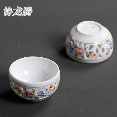 协龙腾陶瓷玲珑镂空双层防烫品茗杯功夫茶具茶杯小茶杯主人杯个人