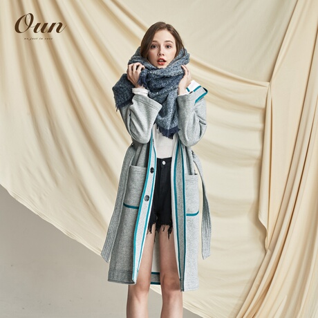 OUN2018新款女装冬季连帽宽松大衣韩版女棉风衣暖中长款时尚外套商品大图