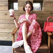 樱桃红色碎花长款 女装 连衣裙MW 裙子2018夏新款 韩已订韩国代购