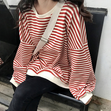 秋冬上衣女装韩版慵懒学院bf风条纹学生百搭宽松卫衣长袖T恤女潮商品大图