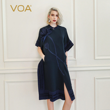 VOA40姆米真丝立领蝙蝠短袖褶皱贴花民族风直筒宽松青色风衣F380图片