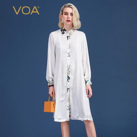 VOA真丝提花褶皱拼接插肩袖单排扣衬衫式白色宽松款连衣裙A10086商品大图