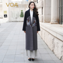 VOA秋冬新款长袖开衫斜插袋长款毛呢外套拼接撞色双面羊毛大衣图片