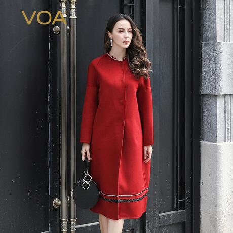 VOA纯色直筒宽松保暖圆领插肩袖单排扣100%双面羊毛大衣SA8018商品大图
