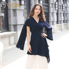 VOA时尚半披肩式V领不对称设计绑带宽松不限身材女真丝连衣裙B911图片