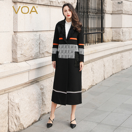 VOA黑色撞色拼接西装毛领贴布直插口袋宽松女双面羊毛大衣SA8691商品大图