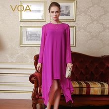 VOA浅紫色真丝乔其两件套钉珠长袖圆领不规则下摆简约飘逸连衣裙图片