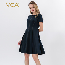 VOA36姆米藏青色重磅真丝圆领短袖自然褶金线拱针修身垂坠连衣裙图片
