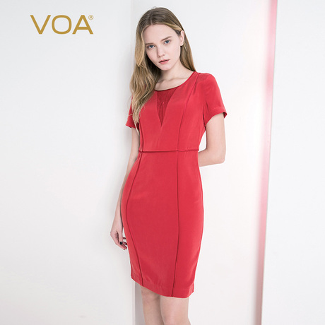 VOA磨砂正红重磅真丝包边圆领高腰短袖修身欧根纱点缀合体连衣裙商品大图