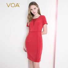 VOA磨砂正红重磅真丝包边圆领高腰短袖修身欧根纱点缀合体连衣裙图片