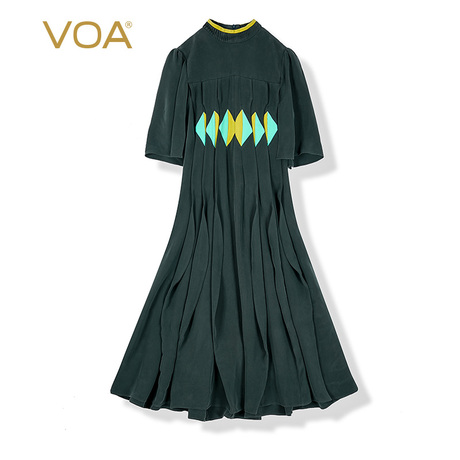 VOA30姆米重磅真丝半高领长袖中腰褶皱修身中长款大摆真丝连衣裙商品大图
