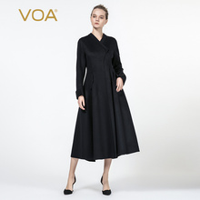 VOA藏青色超细小山羊绒V领单排扣修身欧美风长款双面羊绒大衣S351图片