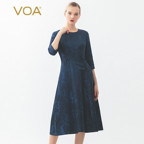 VOA40姆米真丝重磅提花文青圆领卷边中袖明线拱针合体熟女连衣裙商品大图