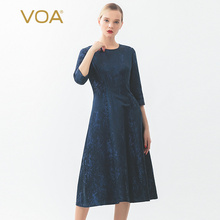 VOA40姆米真丝重磅提花文青圆领卷边中袖明线拱针合体熟女连衣裙图片