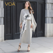 VOA灰色圆领褶皱毛边立体不对称拼接假两件式女真丝连衣裙A10125图片