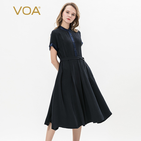 VOA40姆米重磅真丝双色立领短袖中腰系带纽扣开襟大摆挺括连衣裙商品大图