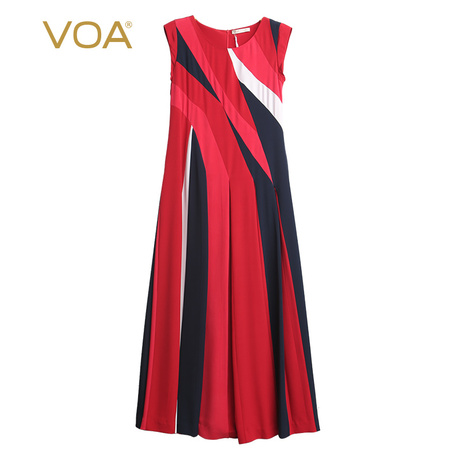 VOA(孤品)流光红36姆米重磅真丝撞料拼贴褶皱无袖圆领微弹连衣裙商品大图