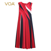 VOA(孤品)流光红36姆米重磅真丝撞料拼贴褶皱无袖圆领微弹连衣裙图片