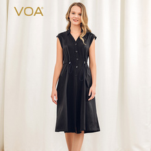 VOA28姆米弹力丝绸纯黑双层领单排扣象鼻牛筋腰开衫式无袖连衣裙图片