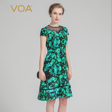 VOA 珊瑚蓝水珠印花重磅真丝圆领烫钻网纱刺绣短袖中腰及膝连衣裙图片